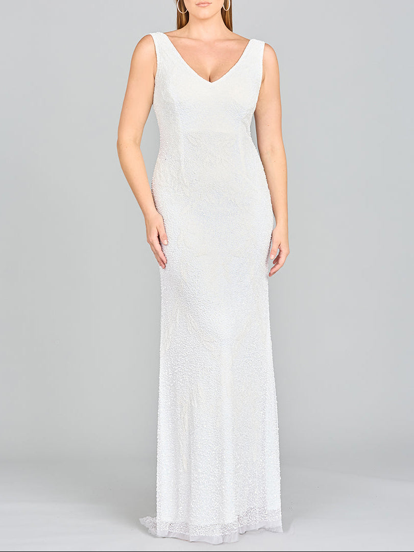 Lara Erika Beaded Draped Cowl Back V-Neck Wedding Dress by Lara New York