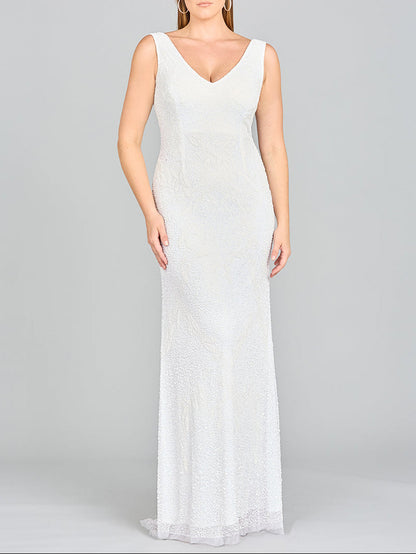 Lara Erika Beaded Draped Cowl Back V-Neck Wedding Dress by Lara New York