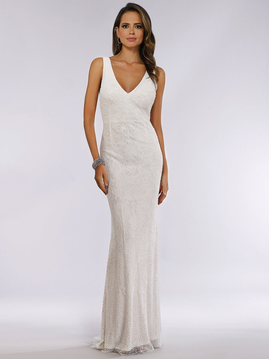 Lara Erika Beaded Draped Cowl Back V-Neck Wedding Dress by Lara New York
