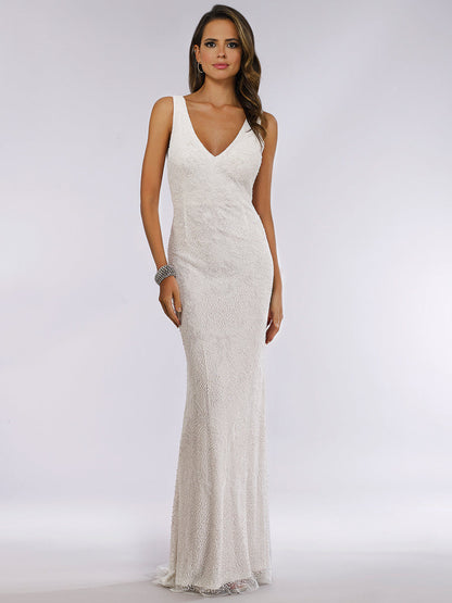 Lara Erika Beaded Draped Cowl Back V-Neck Wedding Dress by Lara New York