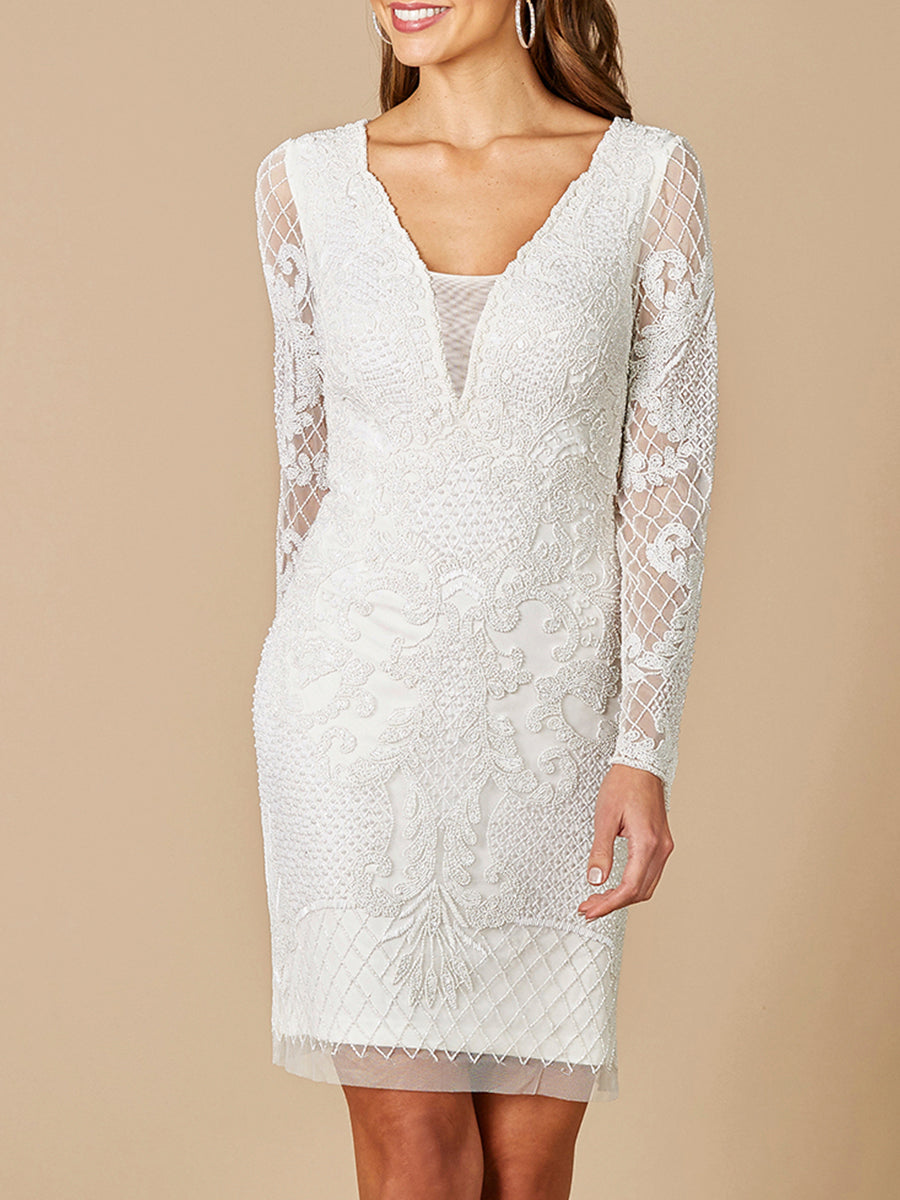 Lara Carla Long Sleeve Beaded Lace Mini Dress by Lara New York