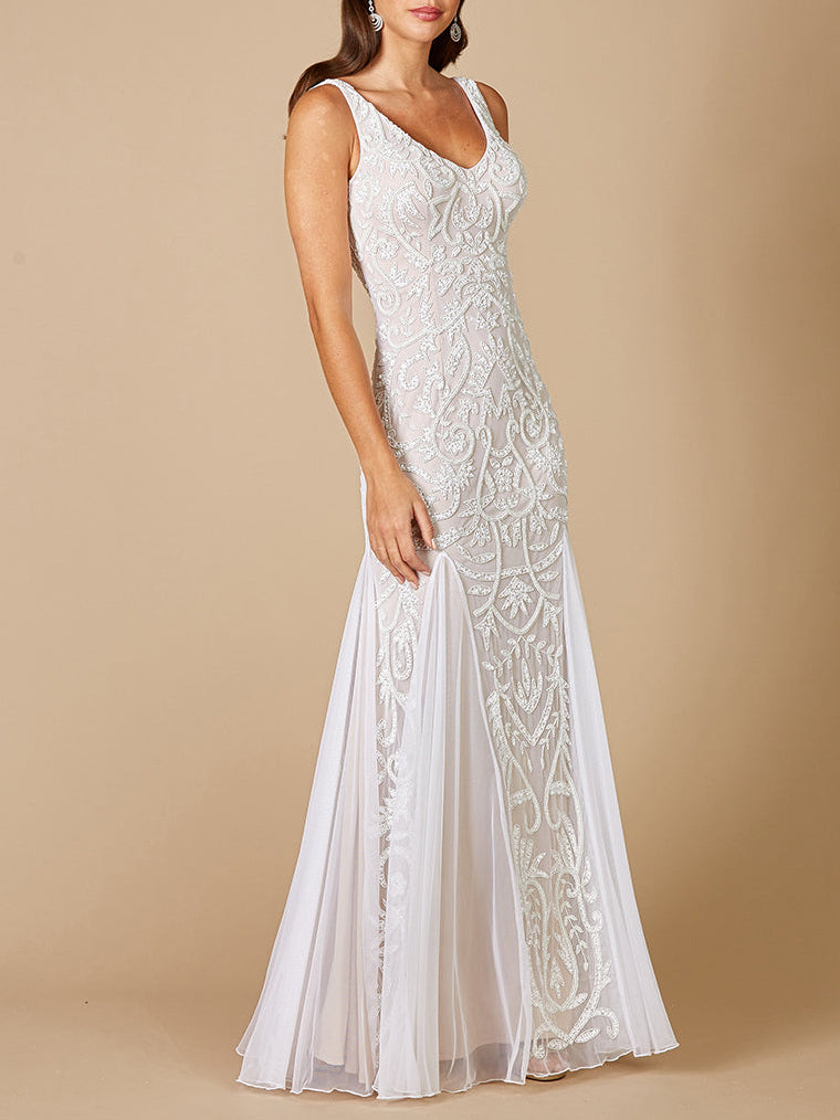 Lara Greta Beaded V-Neck Tulle Wedding Dress with Contrast Lining by Lara New York