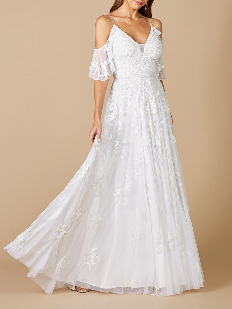Lara Giana Beaded Cold-Shoulder Wedding Dress by Lara New York