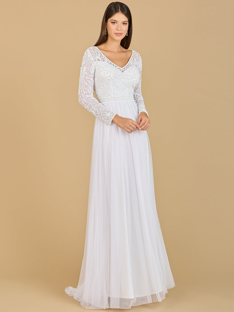 Long Sleeve Bridal Gown with Flowy Skirt by Lara New York