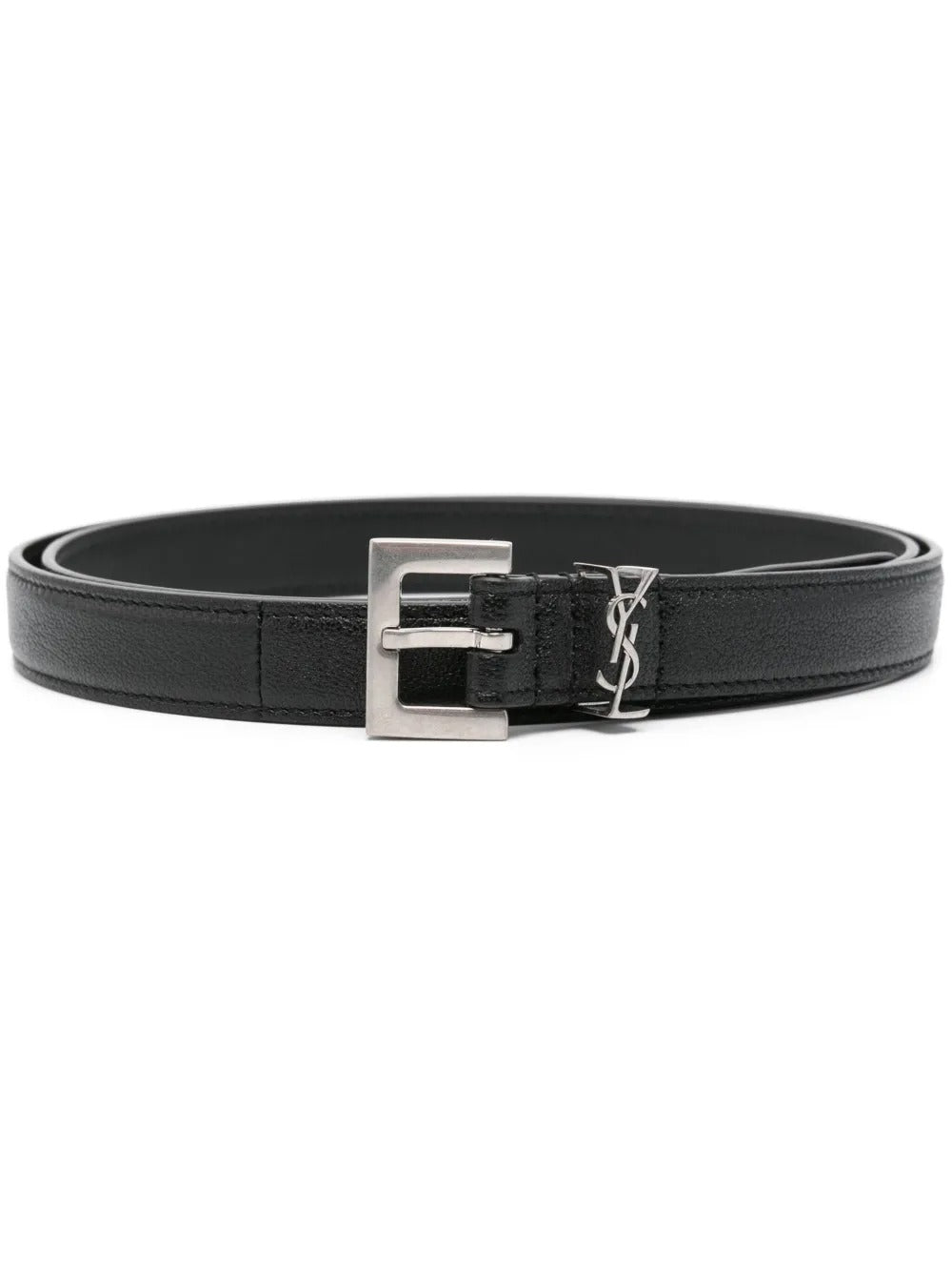 Saint Laurent Men Squared Buckle Smooth Leather Cassandre Thin Belt by Luosophy