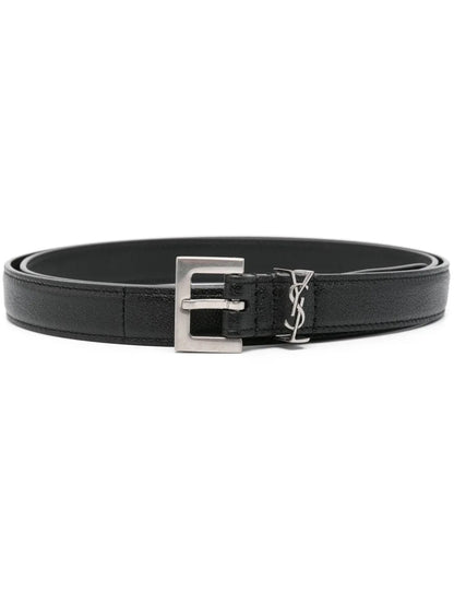 Saint Laurent Men Squared Buckle Smooth Leather Cassandre Thin Belt by Luosophy