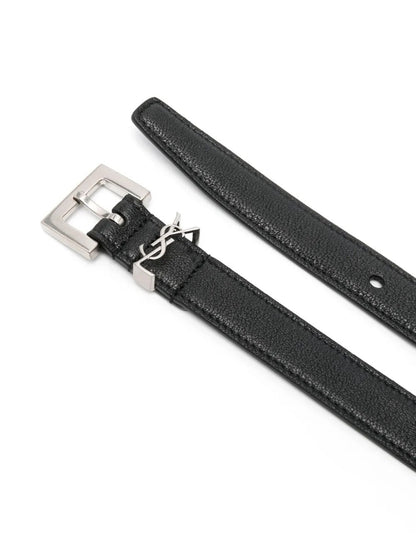 Saint Laurent Men Squared Buckle Smooth Leather Cassandre Thin Belt by Luosophy