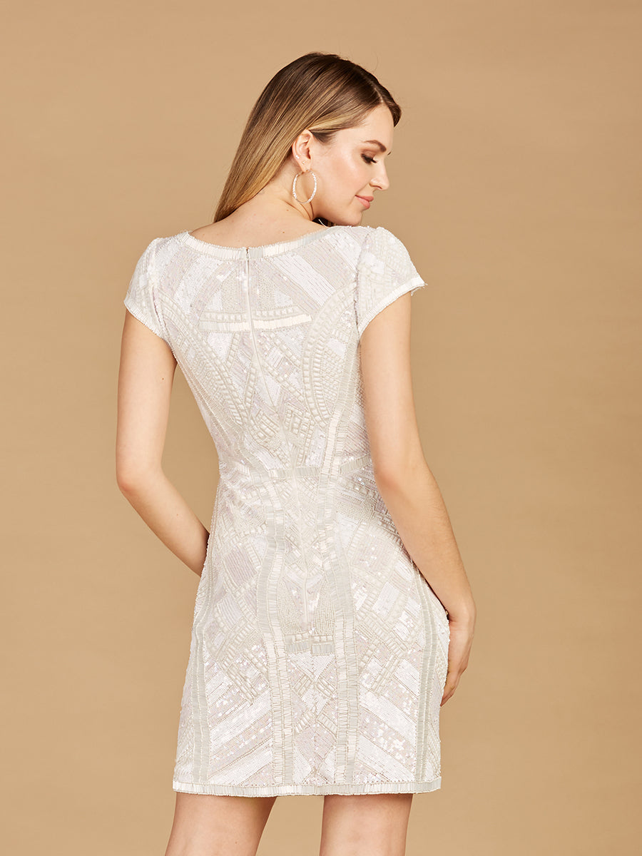 V-Neck Beaded Bridal Mini with Cap Sleeves by Lara New York