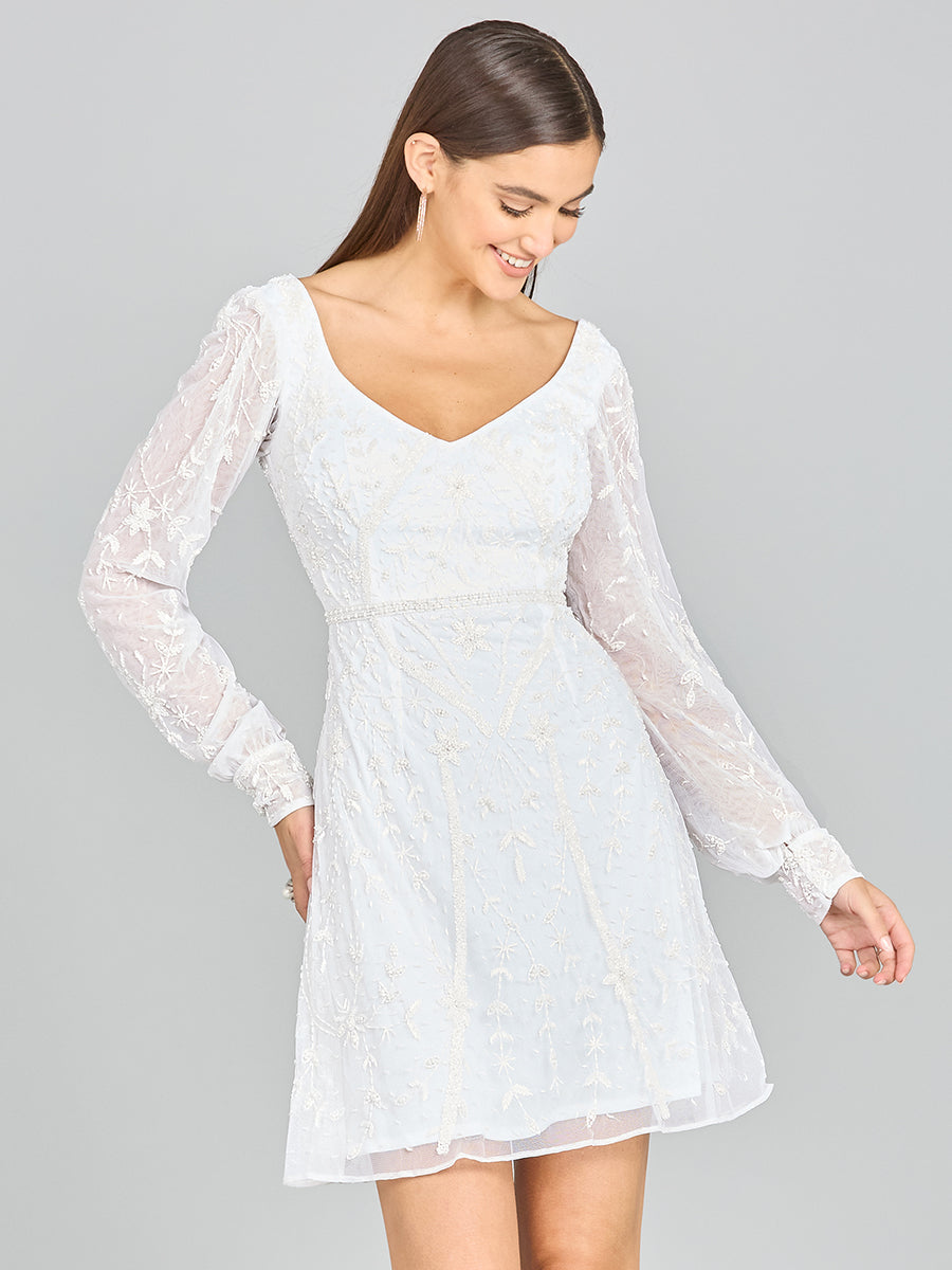 V-Neck, Long Sleeve Bridal Cocktail Dress by Lara New York