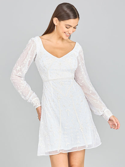 V-Neck, Long Sleeve Bridal Cocktail Dress by Lara New York