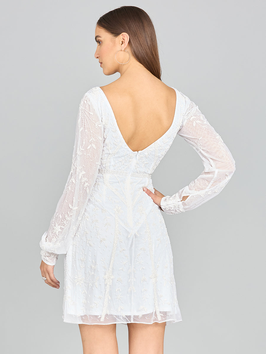 V-Neck, Long Sleeve Bridal Cocktail Dress by Lara New York