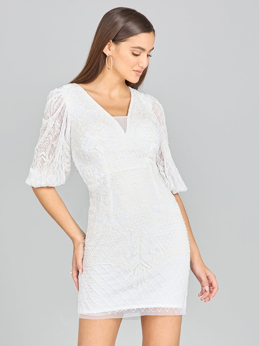 V-Neck Beaded Bridal Short with Sleeves by Lara New York