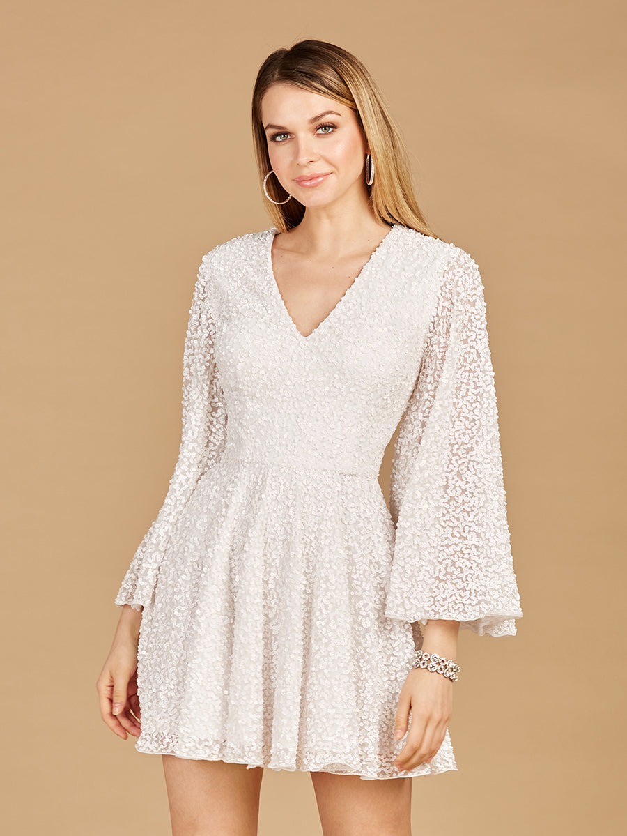 Long Bell Sleeve Sequin Bridal Cocktail Dress by Lara New York