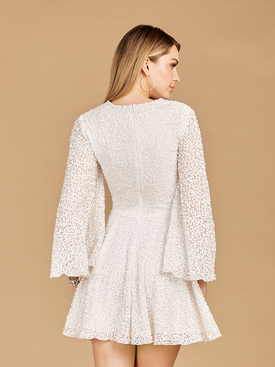 Long Bell Sleeve Sequin Bridal Cocktail Dress by Lara New York