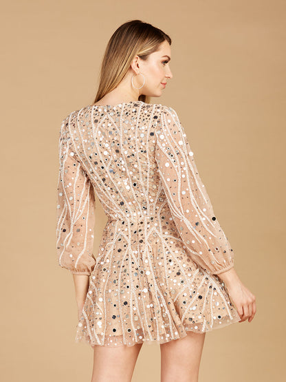 Beaded Long Sleeve Bridal Cocktail Short- OUTLET by Lara New York