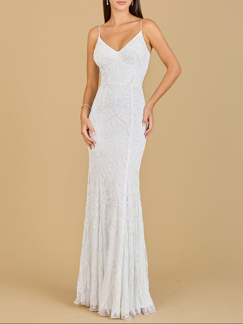 Beaded Spaghetti Strap Mermaid Gown by Lara New York