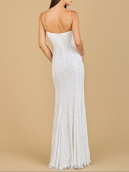 Beaded Spaghetti Strap Mermaid Gown by Lara New York