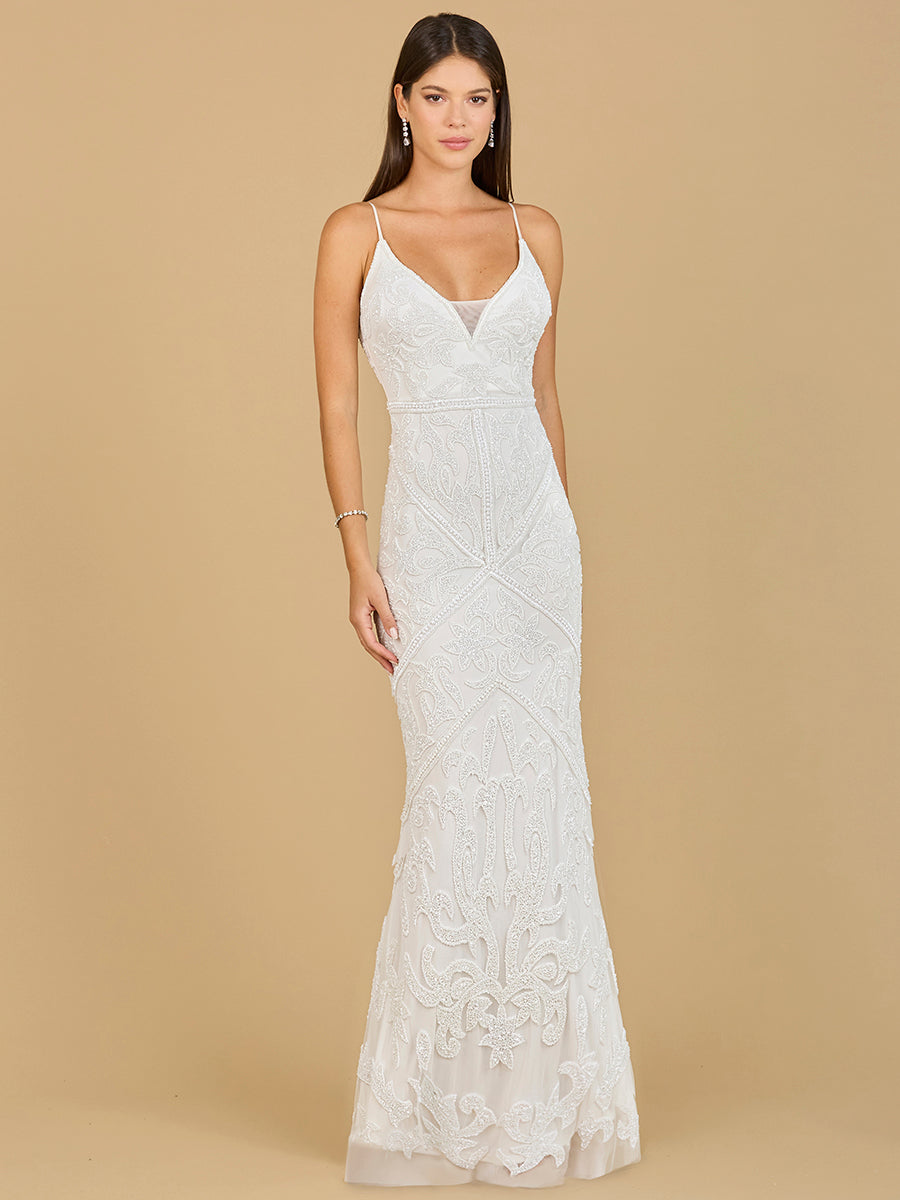 Beaded Spaghetti Strap Fitted Gown by Lara New York