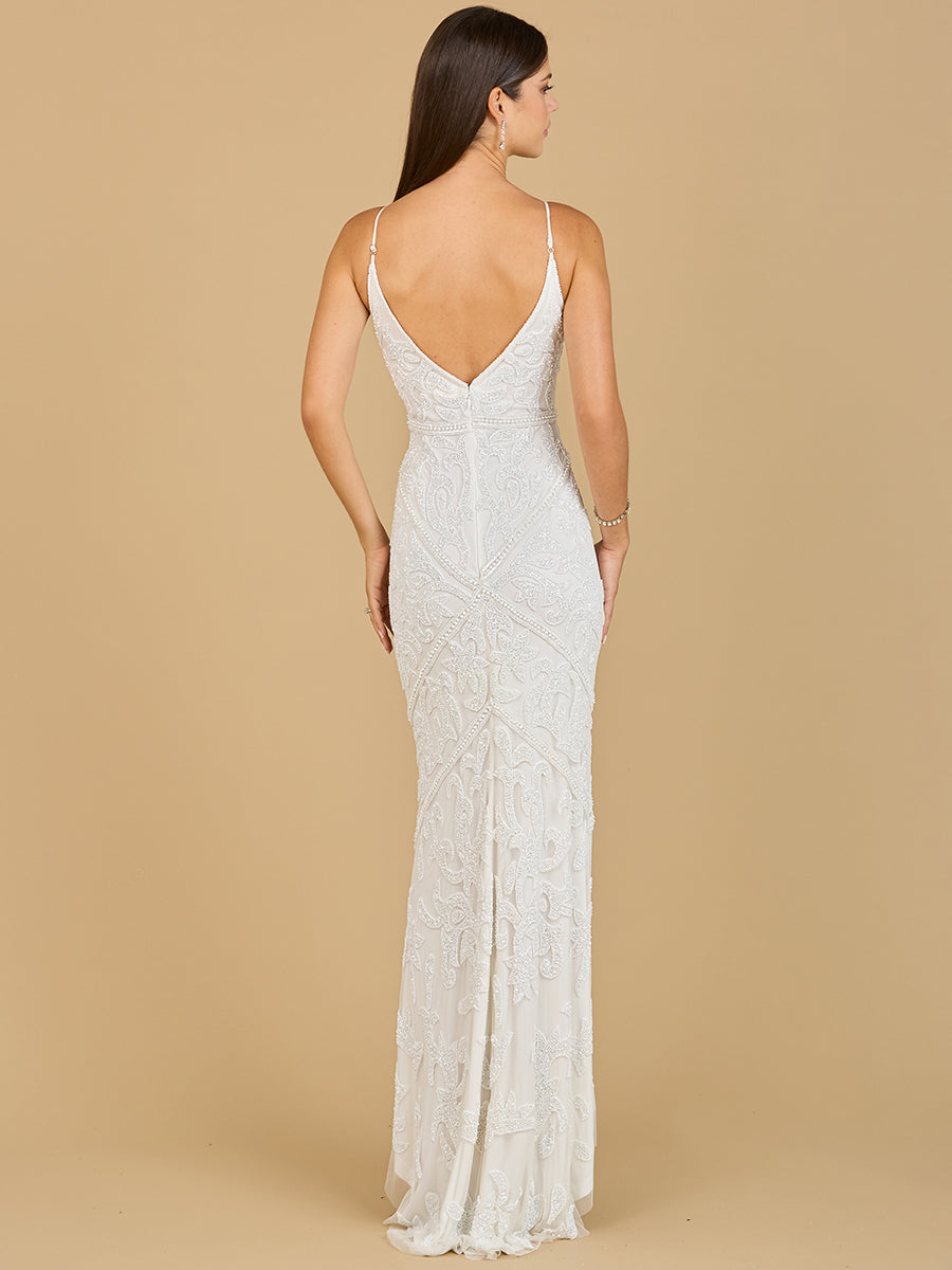Beaded Spaghetti Strap Fitted Gown by Lara New York