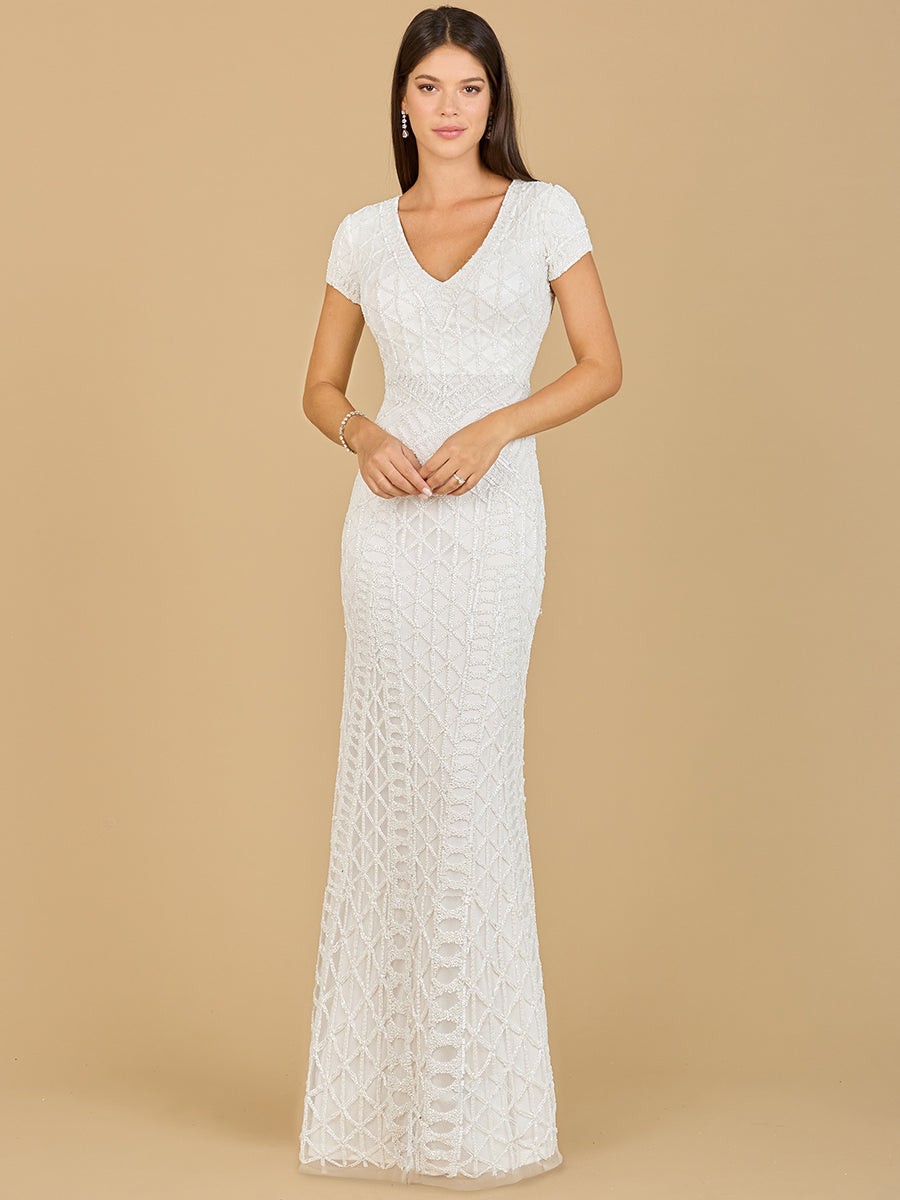 Beaded V-Neckline Dress with Cap Sleeves by Lara New York