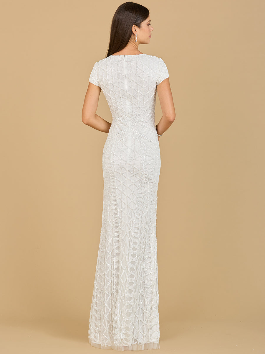 Beaded V-Neckline Dress with Cap Sleeves by Lara New York