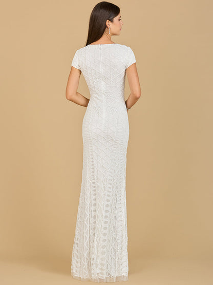 Beaded V-Neckline Dress with Cap Sleeves by Lara New York
