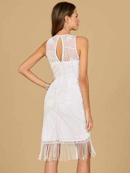 Illusion Neck, Fringe Bridal Short Dress by Lara New York