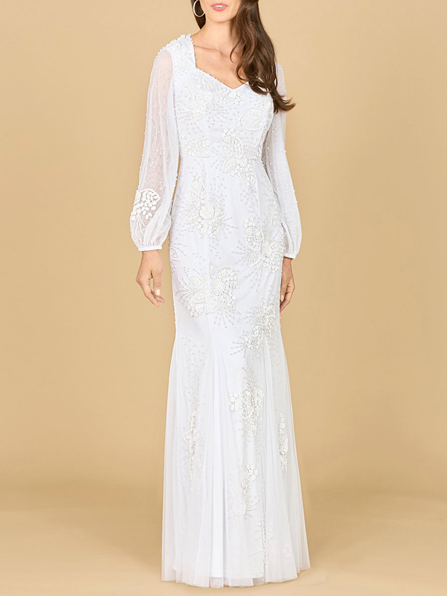 Long Sleeve Beaded Bridal Gown by Lara New York
