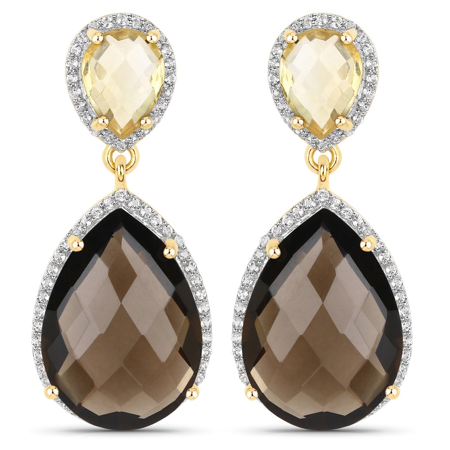 21.12 Carat Genuine Smoky Quartz, Citrine and White Topaz .925 Sterling Silver Earrings  DestGlow