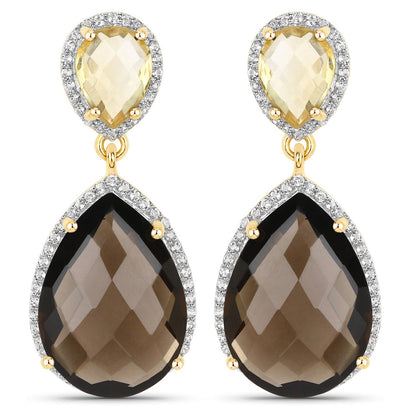 21.12 Carat Genuine Smoky Quartz, Citrine and White Topaz .925 Sterling Silver Earrings  DestGlow