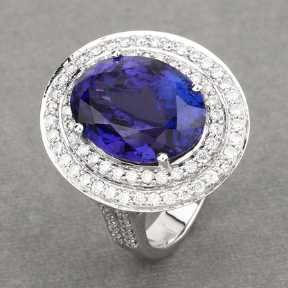 13.78 Carat Genuine Tanzanite and White Diamond 18K White Gold Ring by Bids.com