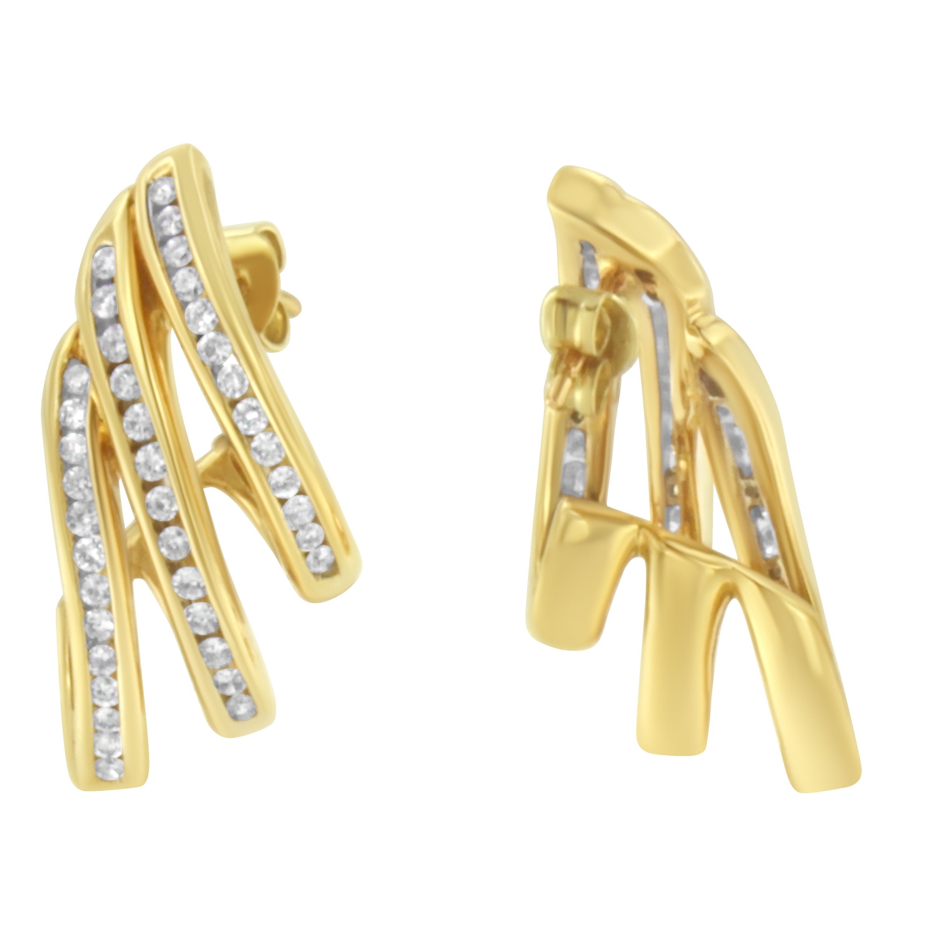 10K Yellow Gold 1.0 Cttw Round Brilliant Cut Diamond Spiral Multi Row Channel Set Open Hoop Pushback Stud Earrings (H-I Color, I1-I2 Clarity) by Bids.com