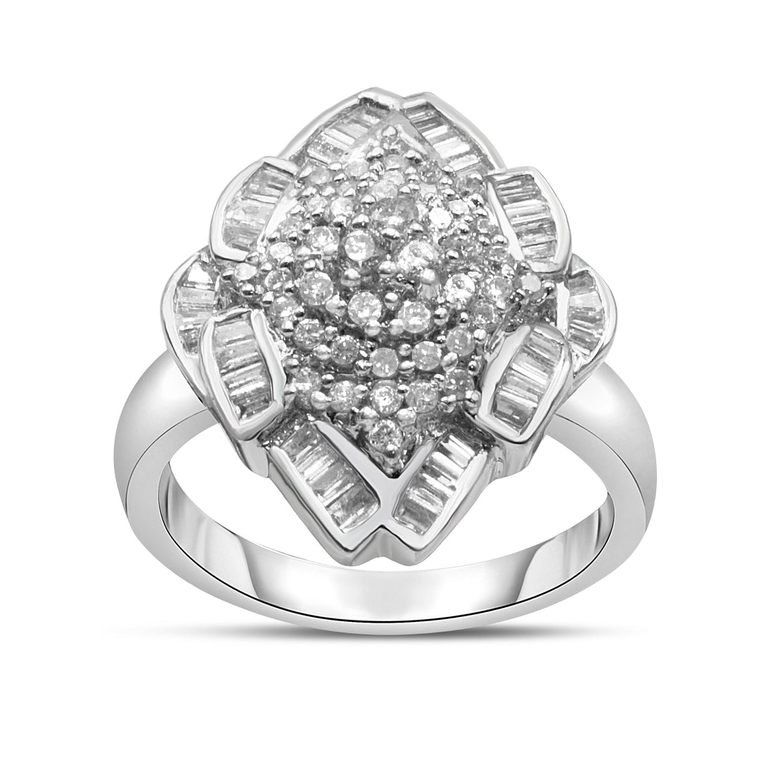 14K White Gold 7/8 Cttw Round and Baguette-Cut Diamond Cluster Ring (H-I Color, SI2-I1 Clarity) - Size 7 by Bids.com