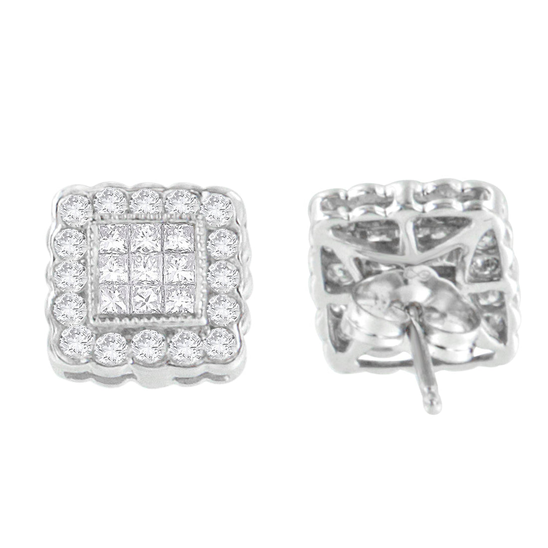 14K White Gold 1.0 Cttw Round Brilliant &amp; Princess Cut Diamond Scallop-Edge Framed Square Halo Stud Earrings (G-H Color, SI1-SI2 Clarity) by Bids.com