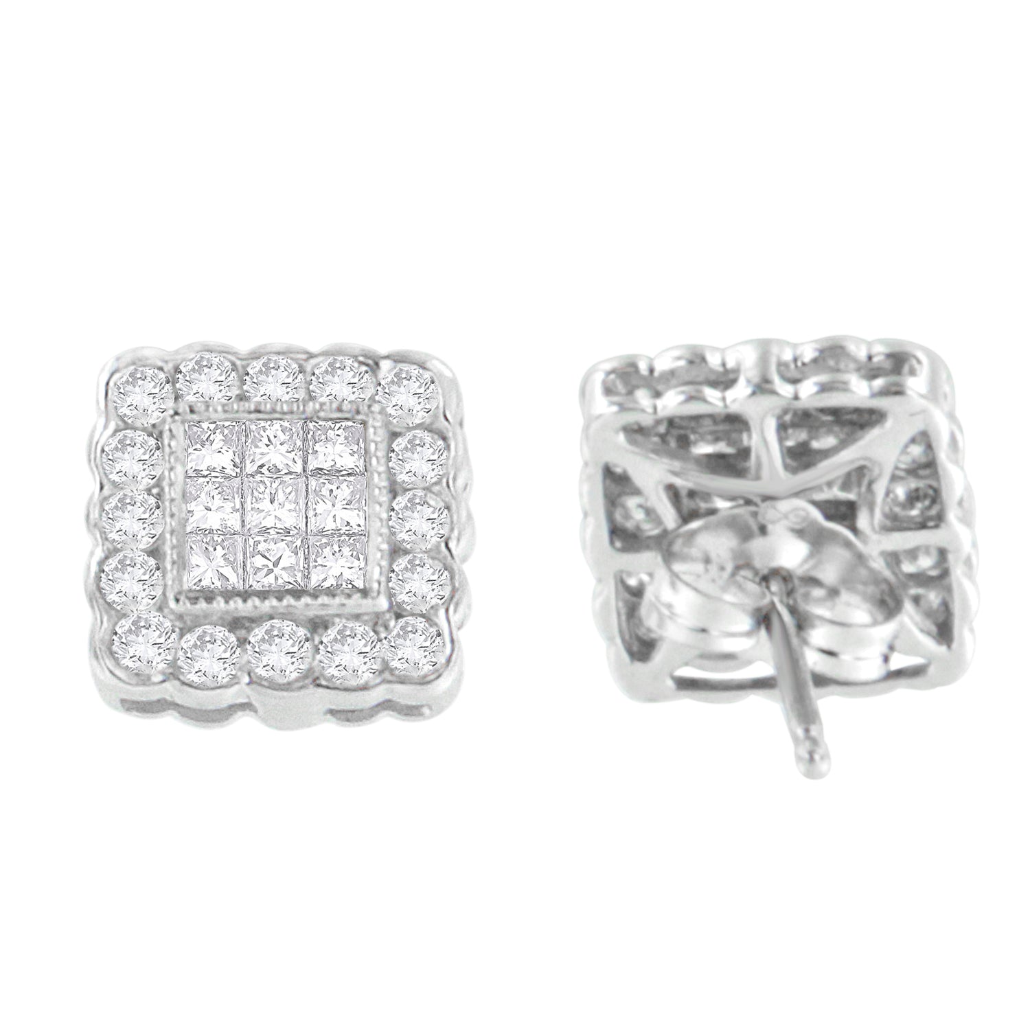 14K White Gold 1.0 Cttw Round Brilliant &amp; Princess Cut Diamond Scallop-Edge Framed Square Halo Stud Earrings (G-H Color, SI1-SI2 Clarity) by Bids.com
