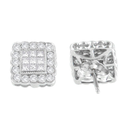 14K White Gold 1.0 Cttw Round Brilliant &amp; Princess Cut Diamond Scallop-Edge Framed Square Halo Stud Earrings (G-H Color, SI1-SI2 Clarity) by Bids.com