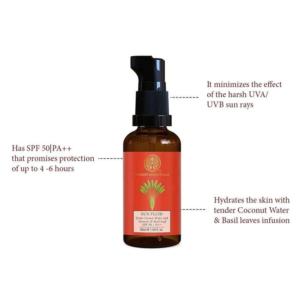 Forest Essentials Sun Fluid Tender Coconut Water with Turmeric &amp; Basil Leaf SPF 50|PA + +