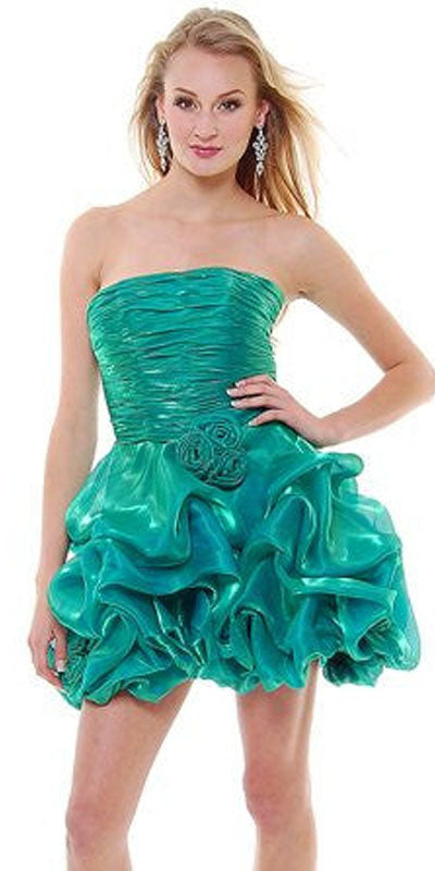 CLEARANCE - Metallic Organza Short Bubble Strapless Ruched Dress (Size XS) by DiscountDressShop
