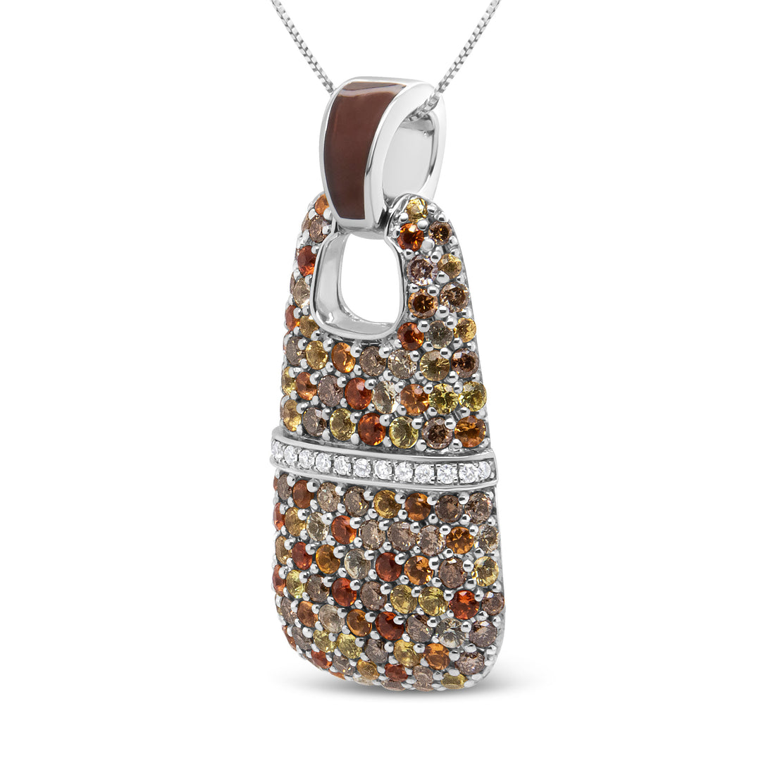 .925 Sterling Silver Brown Enamel 1 Cttw White and Brown Diamonds and  1.5mm Yellow and Orange Sapphire Gemstones Statement 18" Pendant Necklace (Brown and F-G Color, VS1-VS2 Clarity) - DestGlow