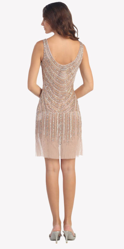 CLEARANCE - Fully Beaded Sexy Champagne Cocktail Dress Embellished (Size Medium) by DiscountDressShop