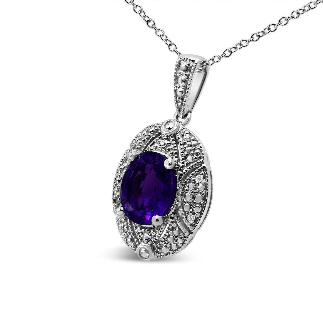 .925 Sterling Silver Diamond Accent and 9x7mm Purple Oval Amethyst Gemstone Pendant 18" Necklace (I-J Color, I1-I2 Clarity) by Bids.com