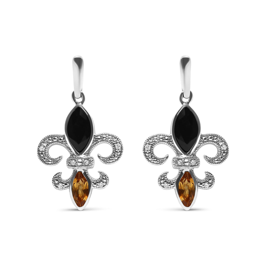 .925 Sterling Silver Marquise Cut Onyx and Citrine with Diamond Accent Fleur De Lis Drop Stud Earrings (H-I Color, SI1-SI2 Clarity) by Bids.com