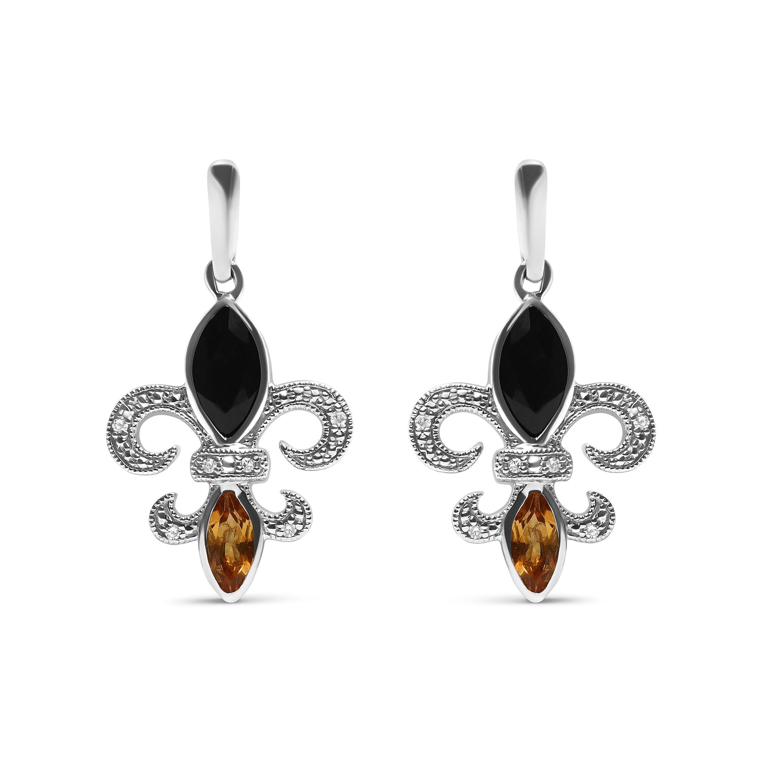 .925 Sterling Silver Marquise Cut Onyx and Citrine with Diamond Accent Fleur De Lis Drop Stud Earrings (H-I Color, SI1-SI2 Clarity) by Bids.com
