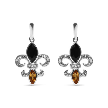 .925 Sterling Silver Marquise Cut Onyx and Citrine with Diamond Accent Fleur De Lis Drop Stud Earrings (H-I Color, SI1-SI2 Clarity) by Bids.com