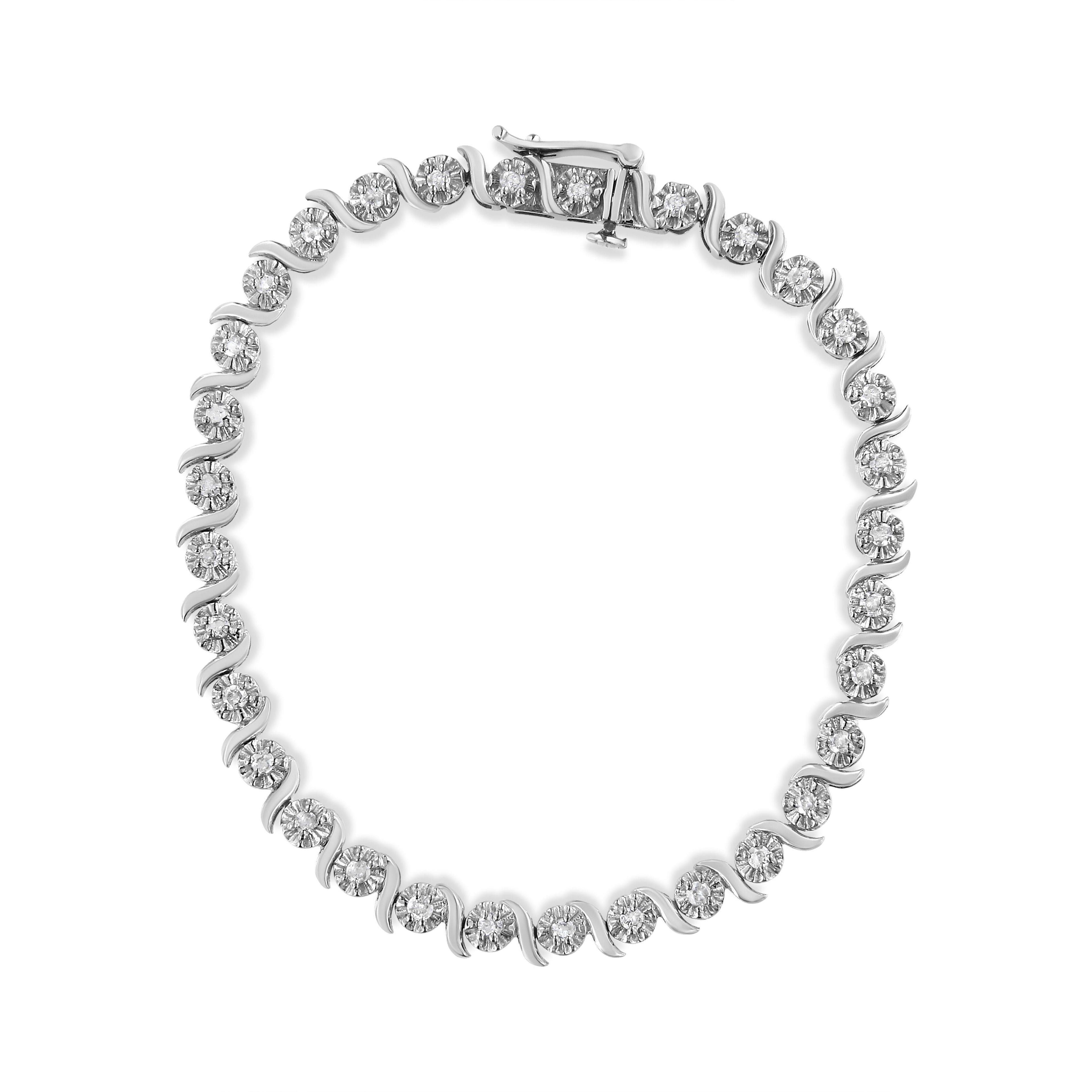 .925 Sterling Silver 1.0 Cttw Diamond Spiral Wave Curved-Link 7" Tennis Bracelet (I-J Color, I3 Clarity) by Bids.com