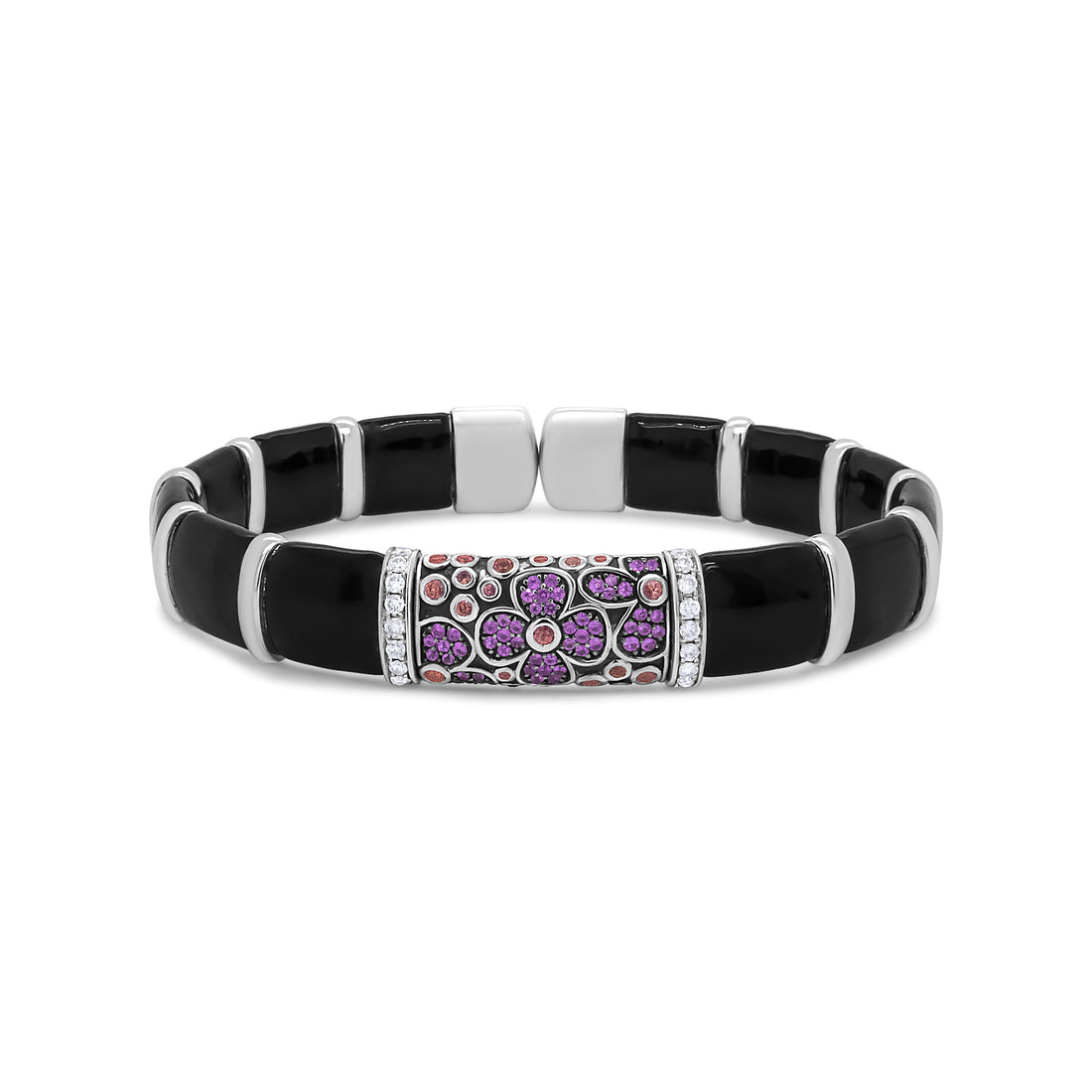 .925 Sterling Silver Black and Brown Enamel 1/3 Cttw Round Diamonds and Pink and Orange Sapphire Gemstones Floral Statement Bangle Bracelet (F-G Color, VS1-VS2 Clarity) - Size 7.75" by Bids.com