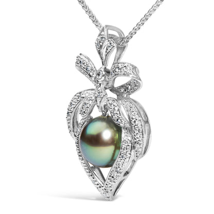 18K 3/4 Cttw Diamond and 12.5 MM Cultured Black Tahitian Pearl Heart Pendant Necklace (G-H Color, SI1-SI2 Clarity) - 18" Inches by Bids.com