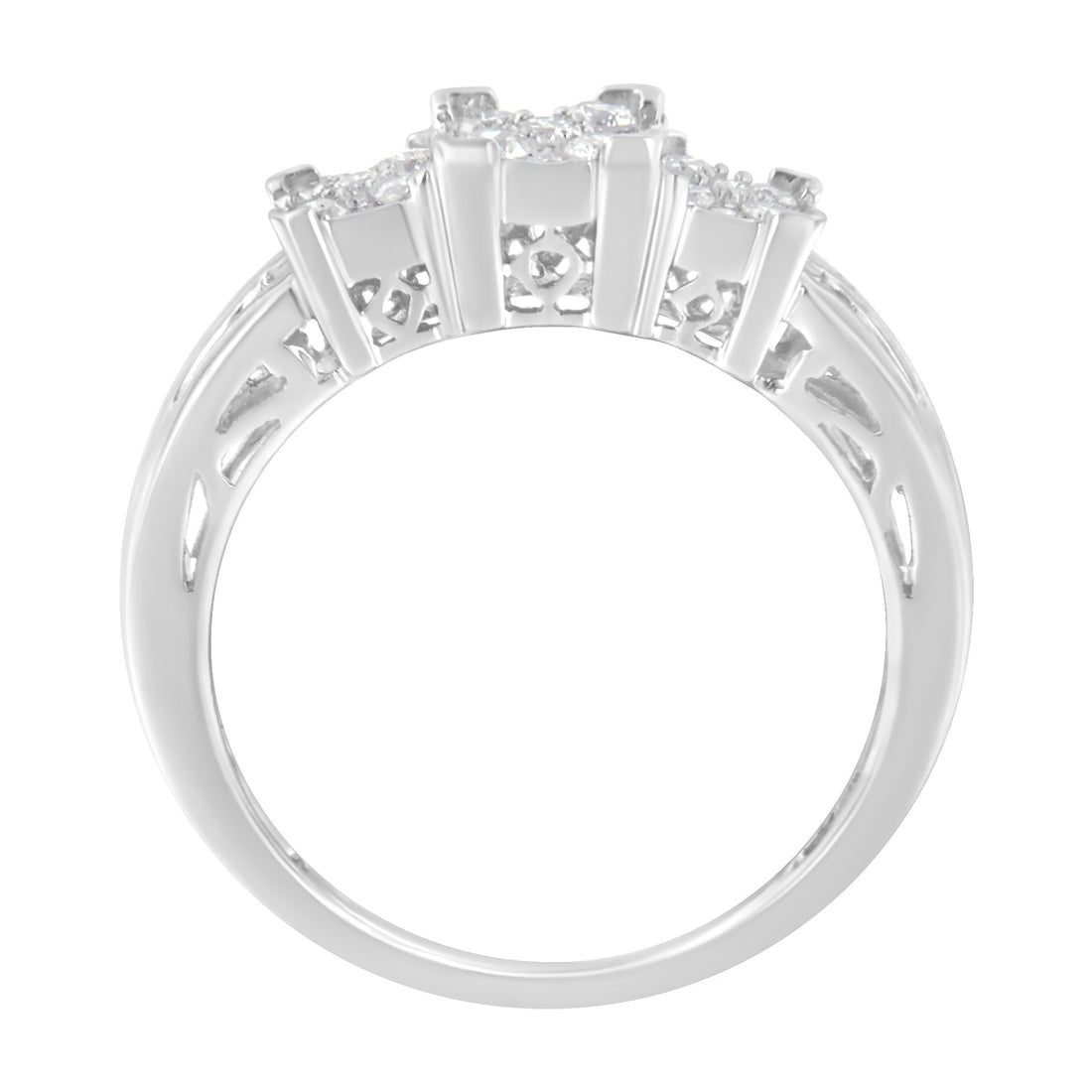 10K White Gold 1/2 Cttw Brilliant &amp; Baguette Cut Diamond 3 Stone Design with 3 Square Clusters Engagement Ring (H-I Color, SI2-I1 Clarity) - Size 6-3/4 by Bids.com