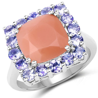 6.70 Carat Genuine Peach Moonstone and Tanzanite .925 Sterling Silver Ring by Bids.com