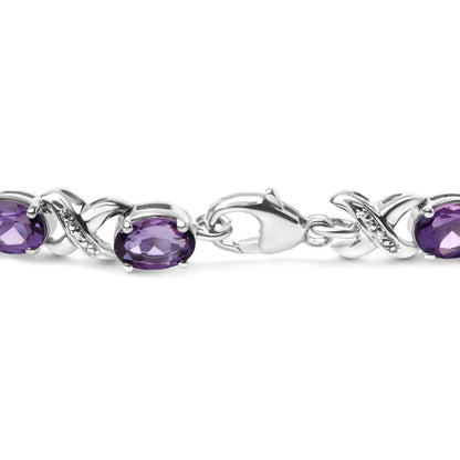.925 Sterling Silver 7x5mm Oval Amethyst and Diamond Accent X-Link Bracelet (H-I Color, SI1-SI2 Clarity)  - Size 7"  DestGlow